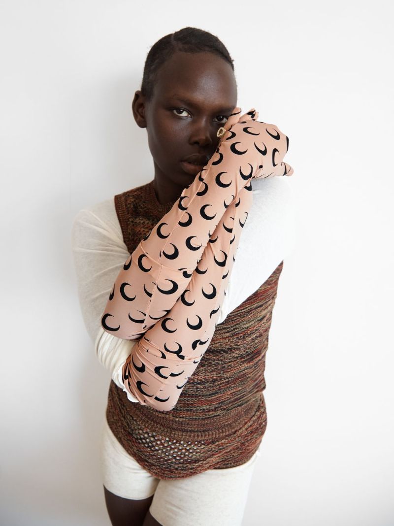 Beige Second Skin Crescent Moon Print Gloves