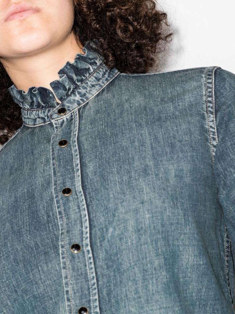 Blue Ruffle-trimmed Denim Shirt