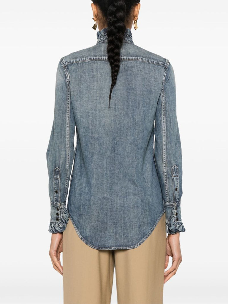 Blue Ruffle-trimmed Denim Shirt