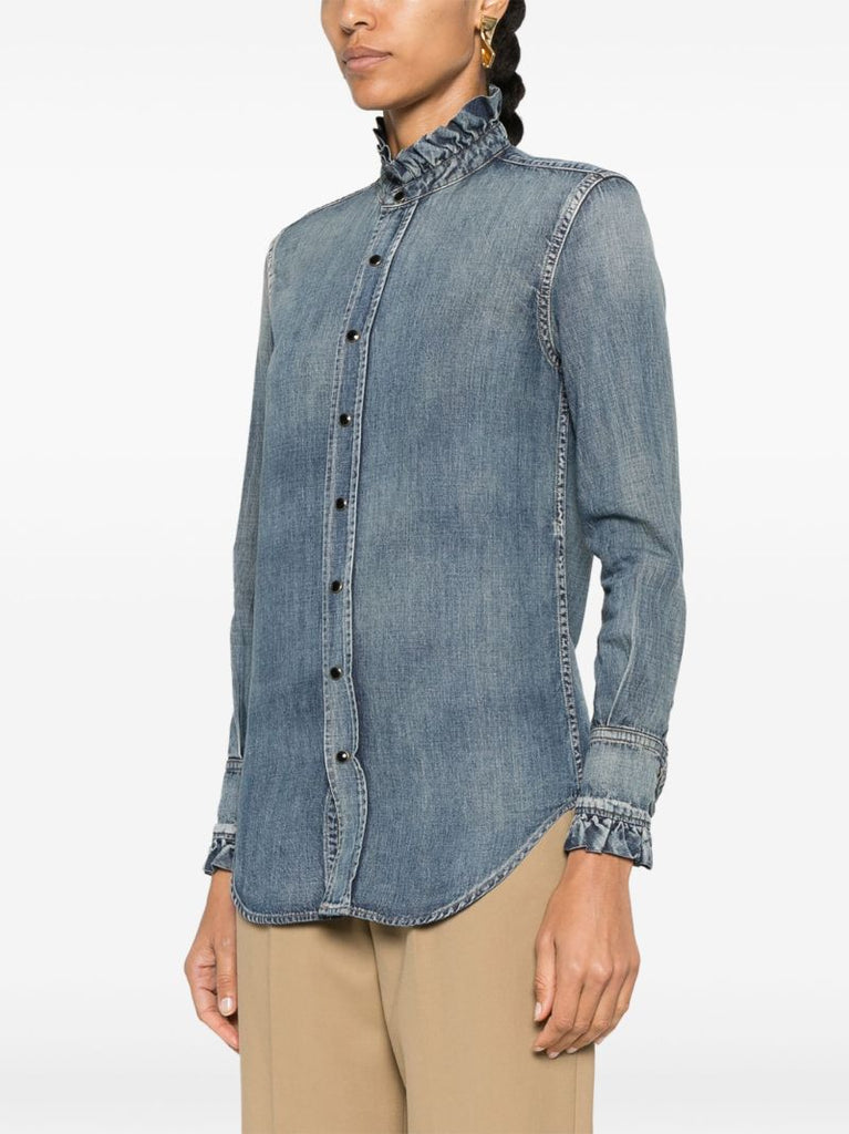 Blue Ruffle-trimmed Denim Shirt