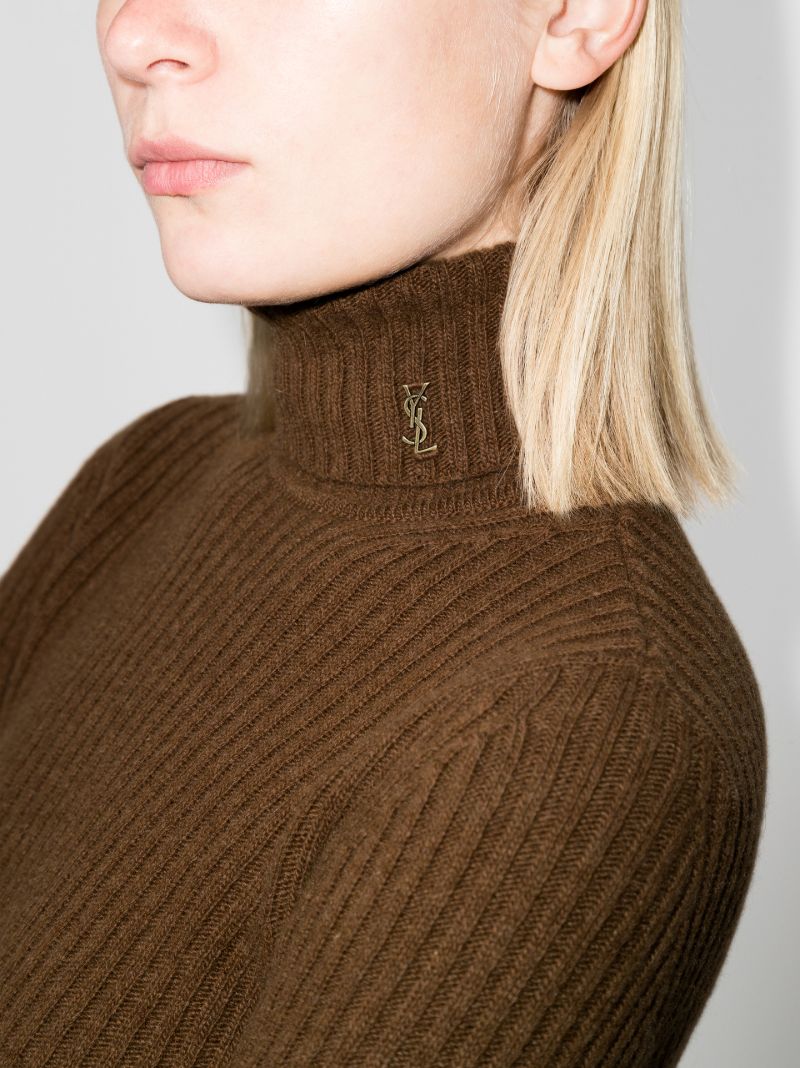 Brown Ribbed Knit Wool Sweater