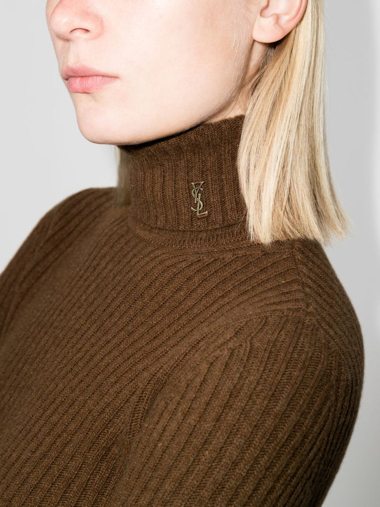 Brown Ribbed Knit Wool Sweater