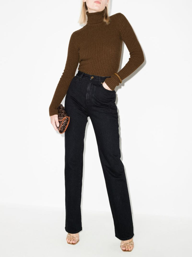 Brown Ribbed Knit Wool Sweater
