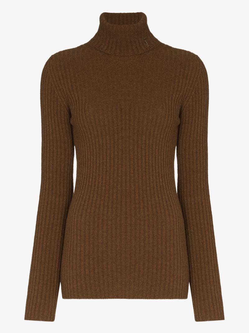 Brown Ribbed Knit Wool Sweater