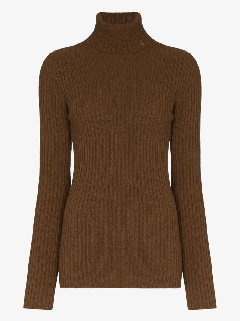 Brown Ribbed Knit Wool Sweater