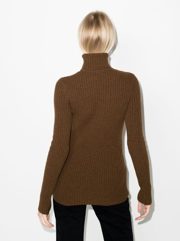Brown Ribbed Knit Wool Sweater