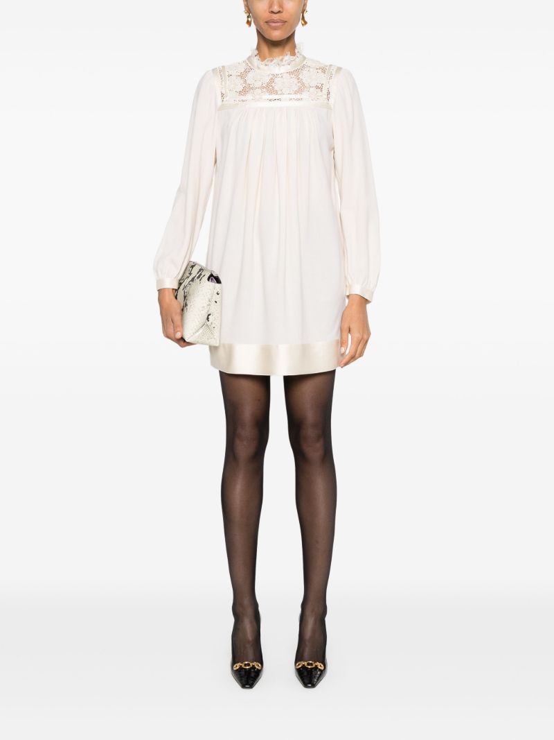 Neutral Lace-trim Wool Mini Dress