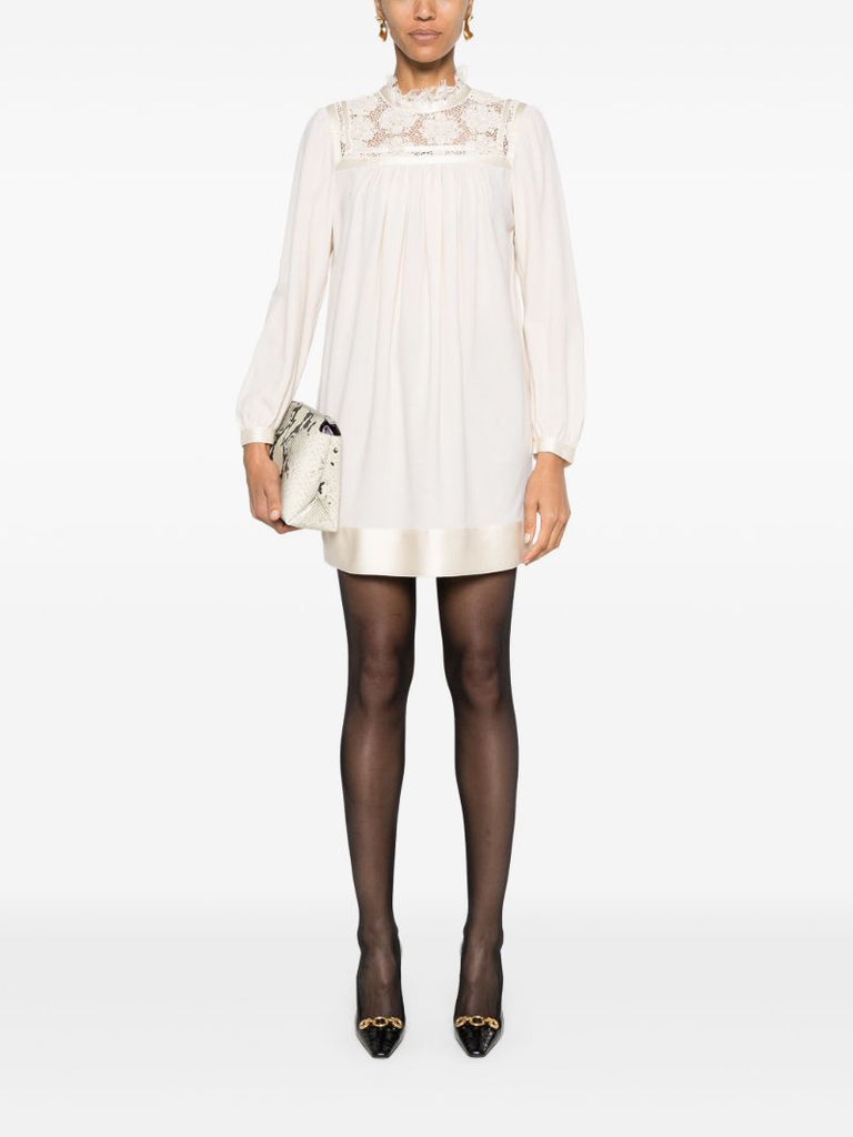 Neutral Lace-trim Wool Mini Dress