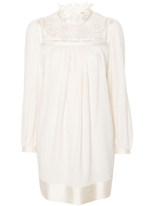 Neutral Lace-trim Wool Mini Dress