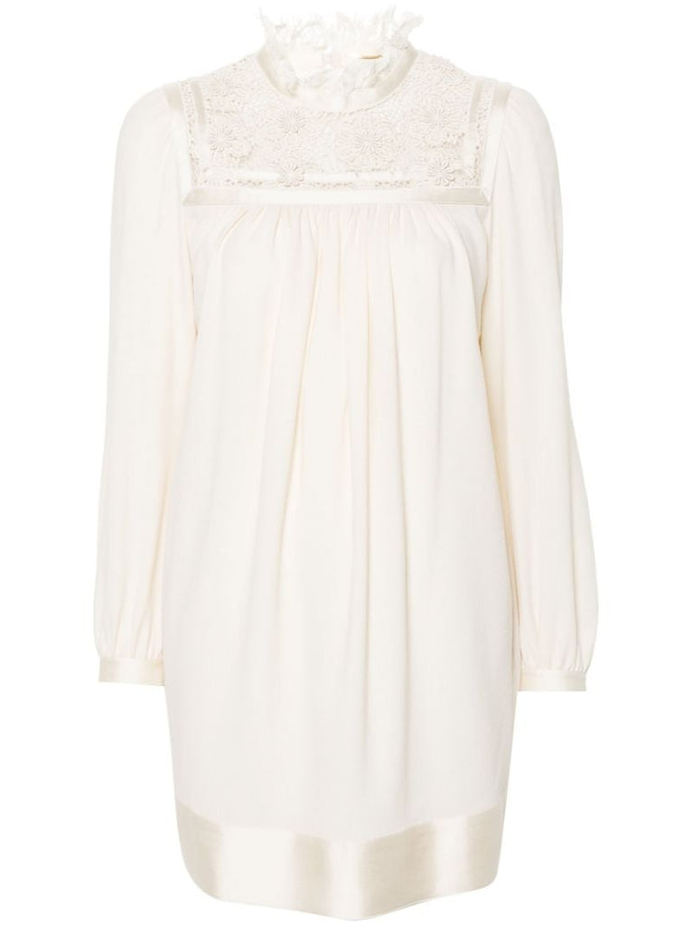 Neutral Lace-trim Wool Mini Dress