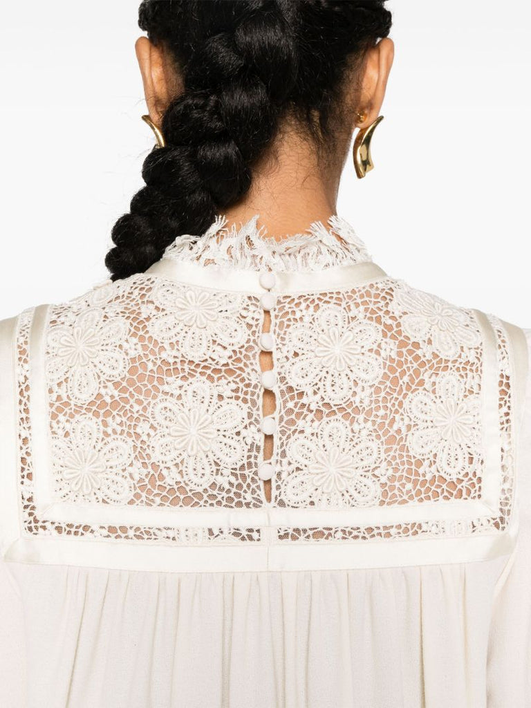 Neutral Lace-trim Wool Mini Dress