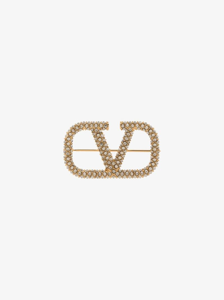 Gold Tone Vlogo Signature Crystal Brooch