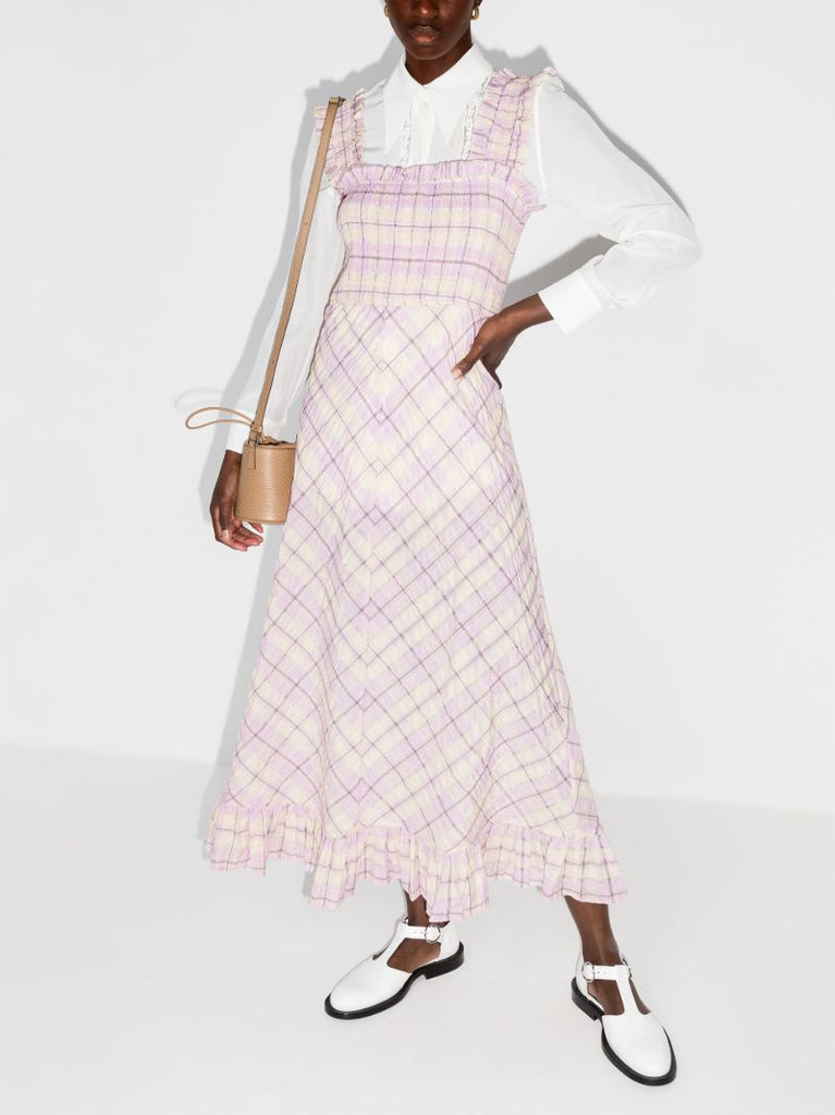 Pink Checked Seersucker Midi Dress