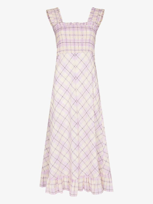 Pink Checked Seersucker Midi Dress