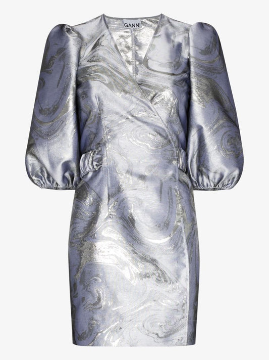 Metallic Jacquard Wrap Mini Dress
