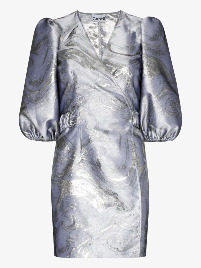 Metallic Jacquard Wrap Mini Dress