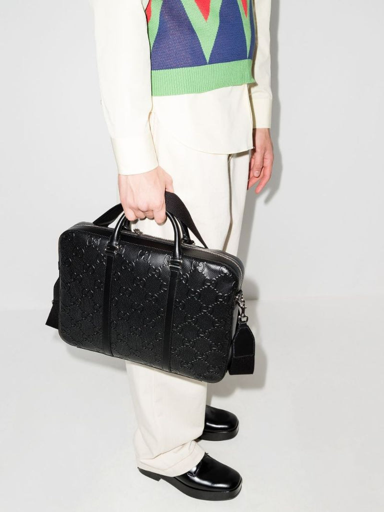 Black Gg Embossed Leather Briefcase