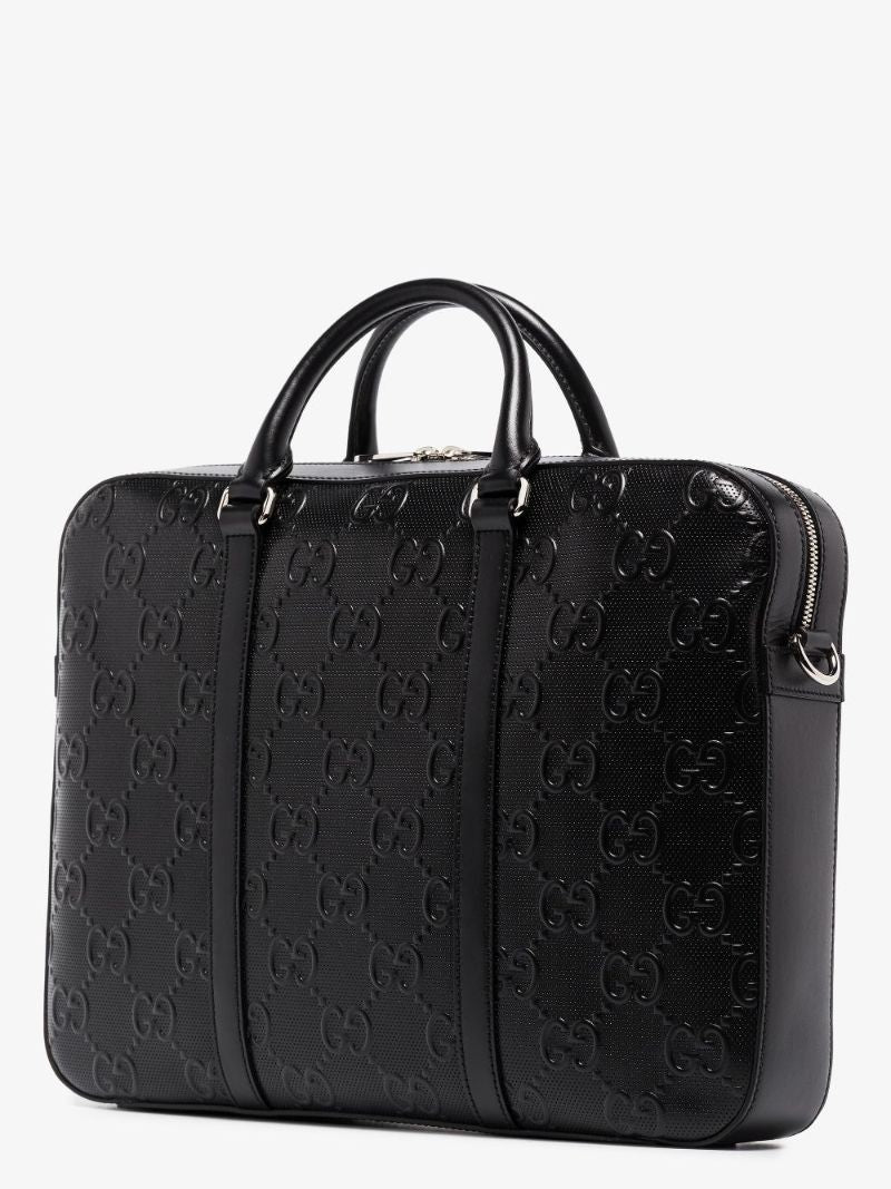 Black Gg Embossed Leather Briefcase