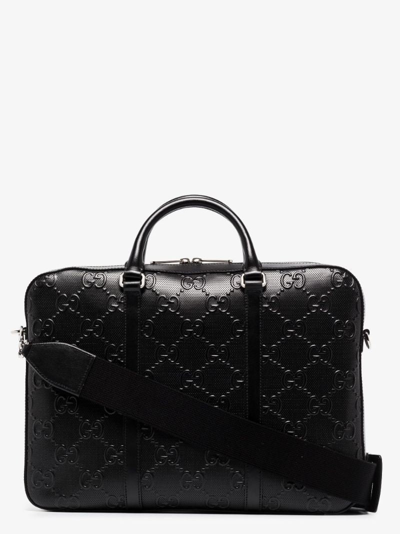 Black Gg Embossed Leather Briefcase