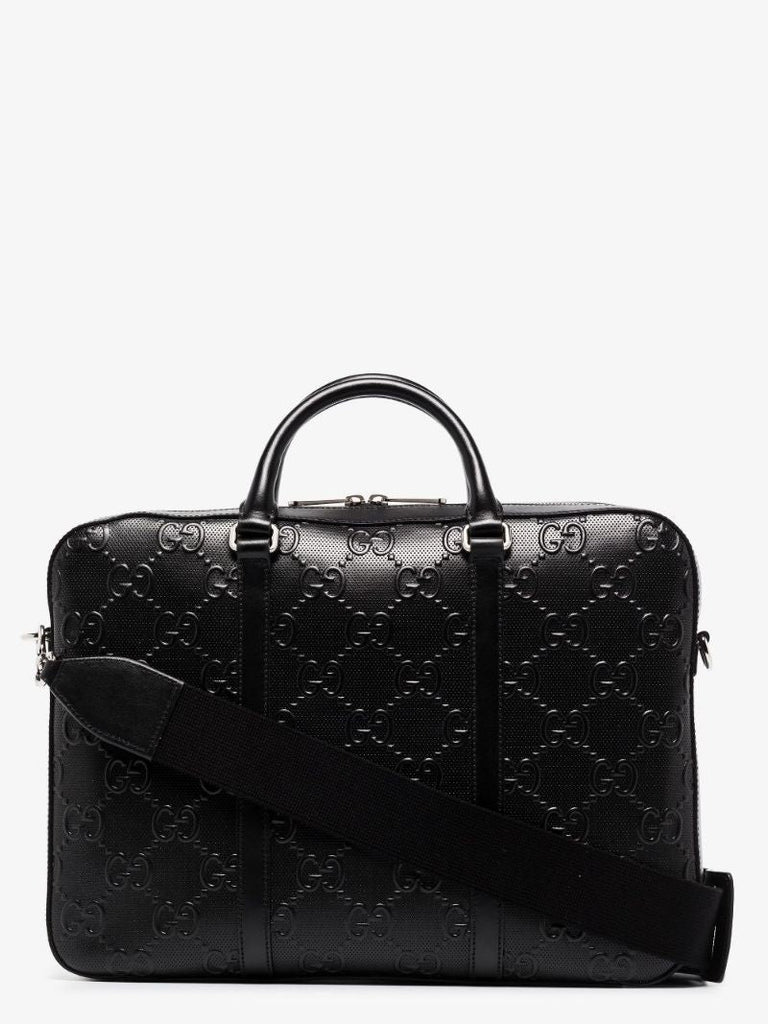 Black Gg Embossed Leather Briefcase