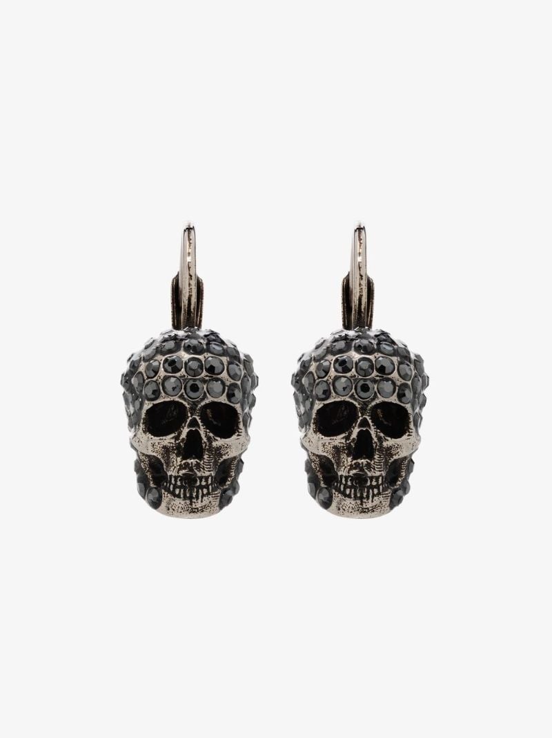 Silver Tone Crystal Skull Earrings