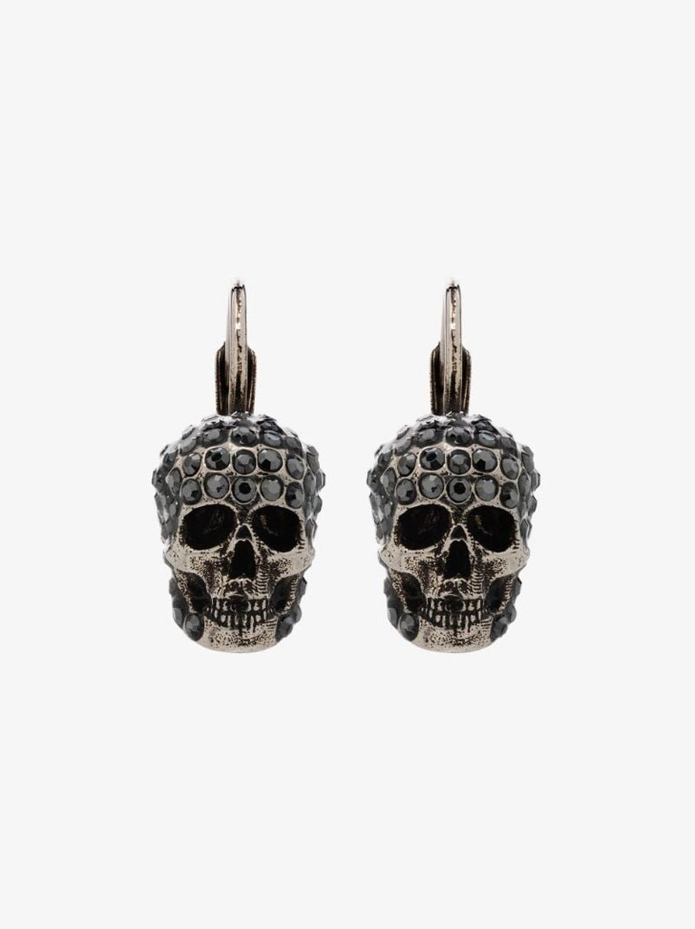 Silver Tone Crystal Skull Earrings