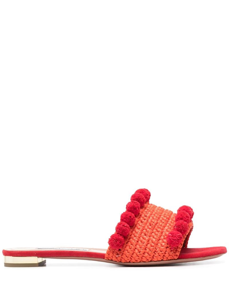 Red Woven Pom-pom Raffia Slides