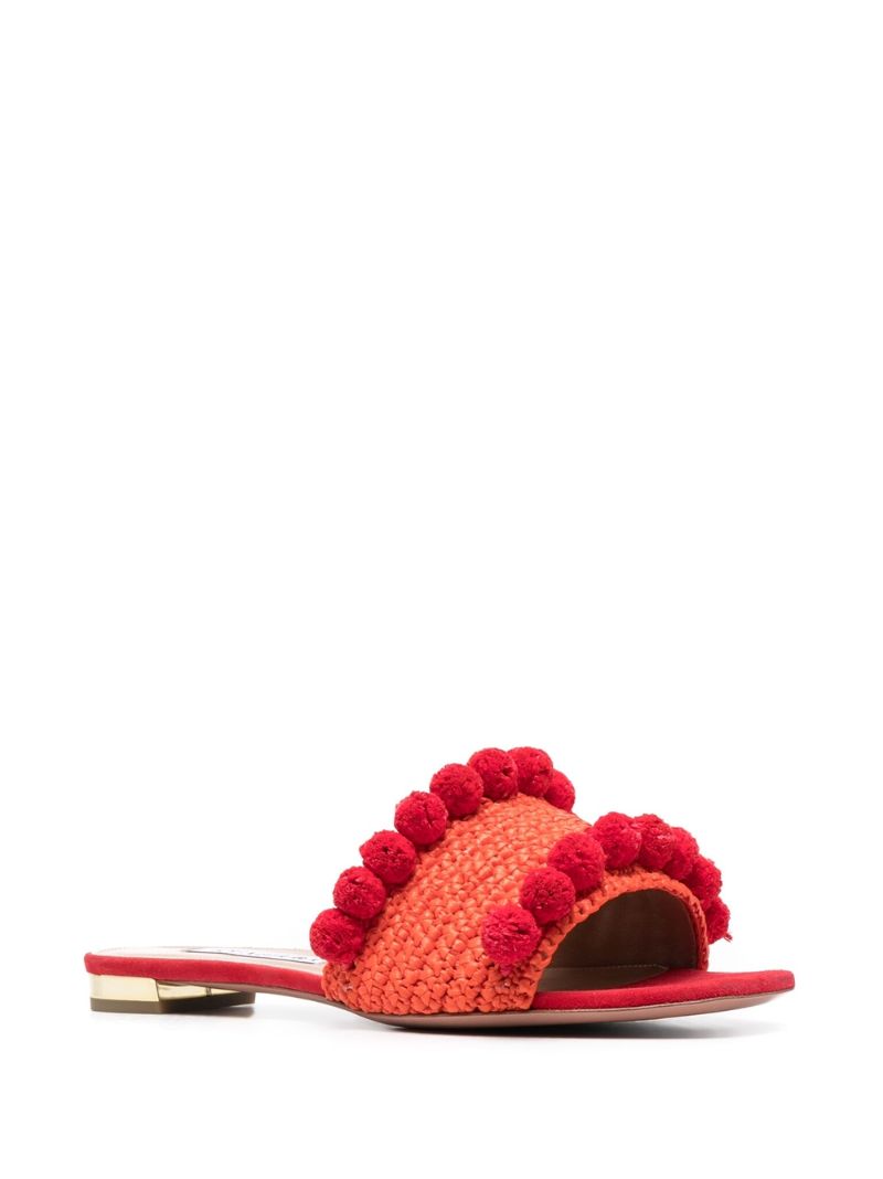 Red Woven Pom-pom Raffia Slides