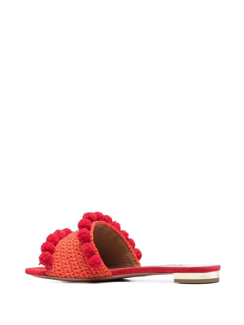 Red Woven Pom-pom Raffia Slides