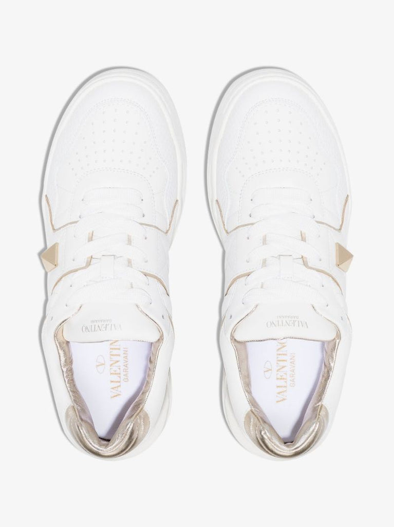 White One Stud Low Top Leather Sneakers