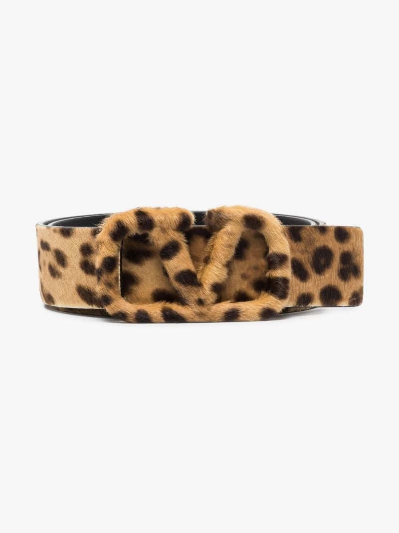 Brown Vlogo Signature Leopard Print Leather Belt