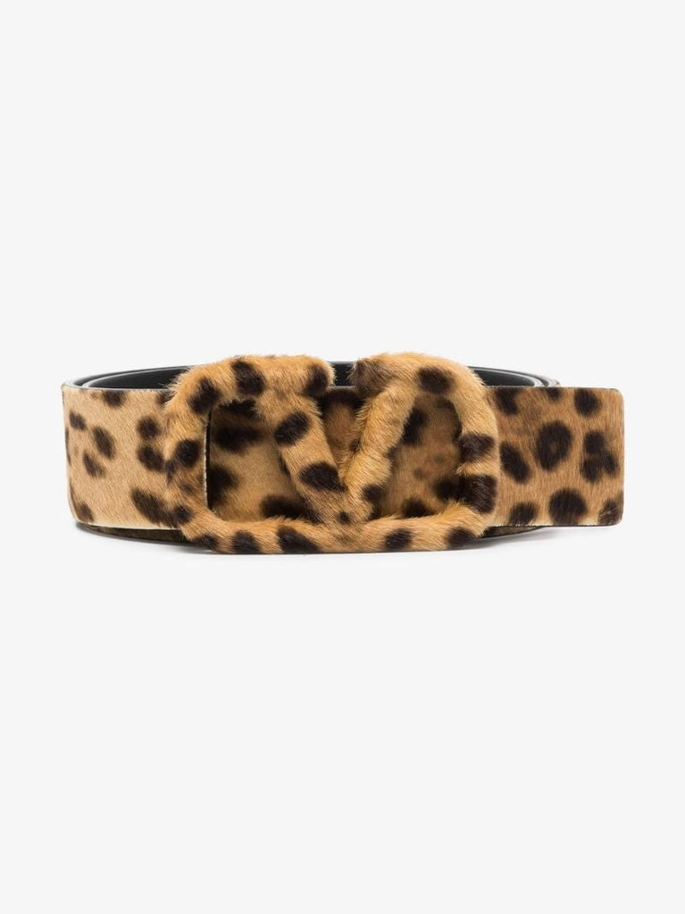 Brown Vlogo Signature Leopard Print Leather Belt