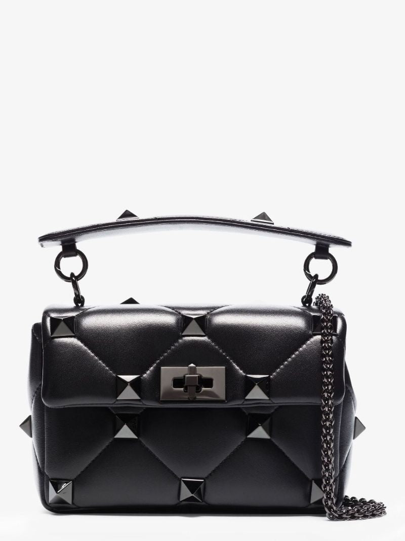 Black Roman Stud Medium Leather Shoulder Bag