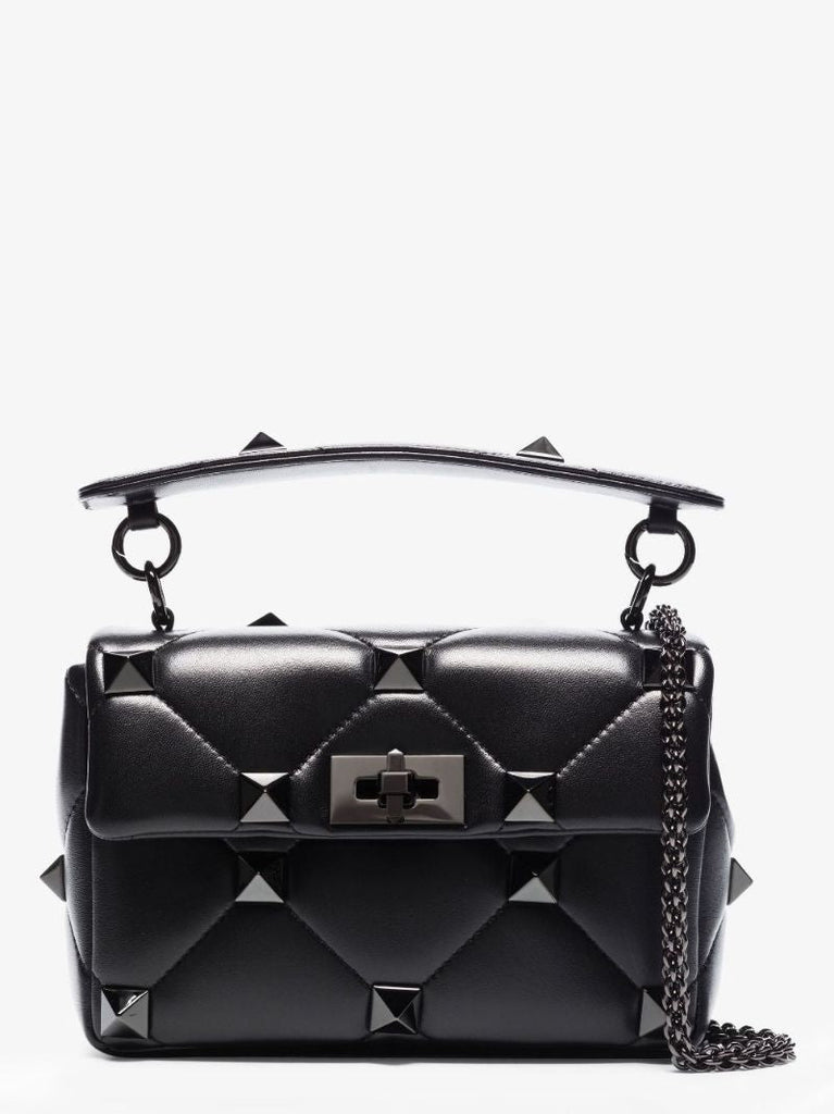 Black Roman Stud Medium Leather Shoulder Bag