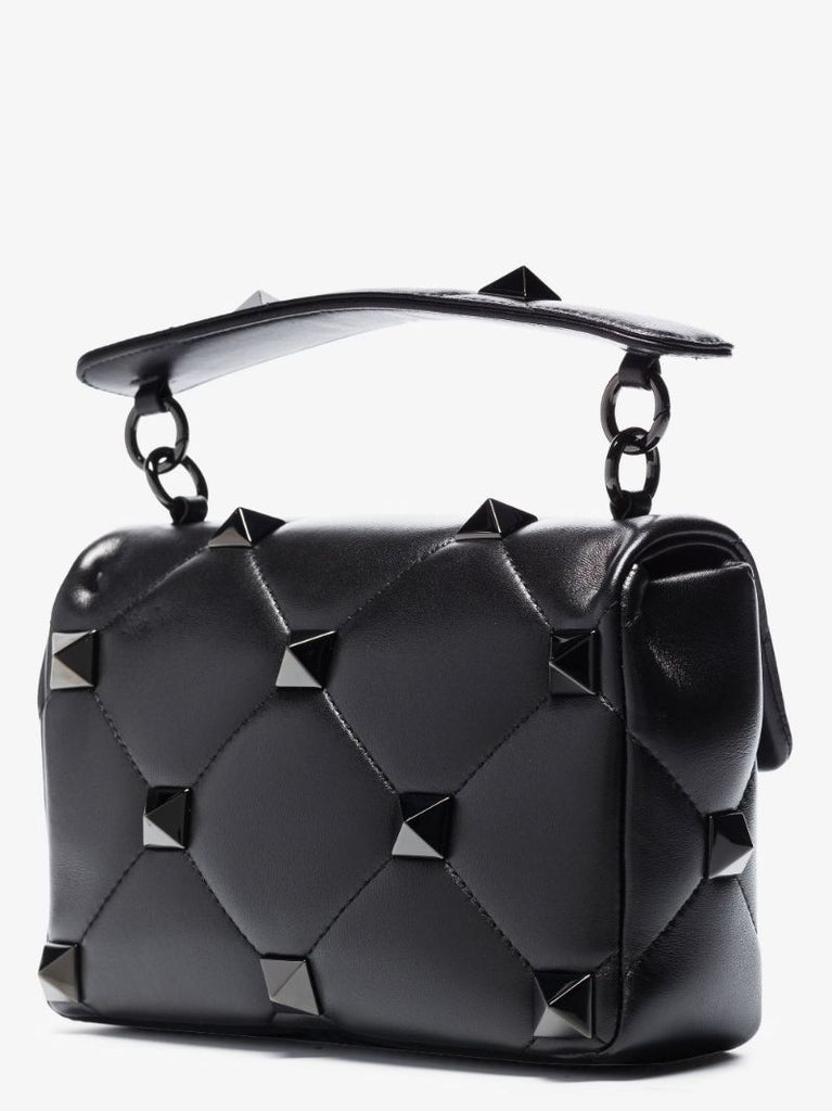Black Roman Stud Medium Leather Shoulder Bag