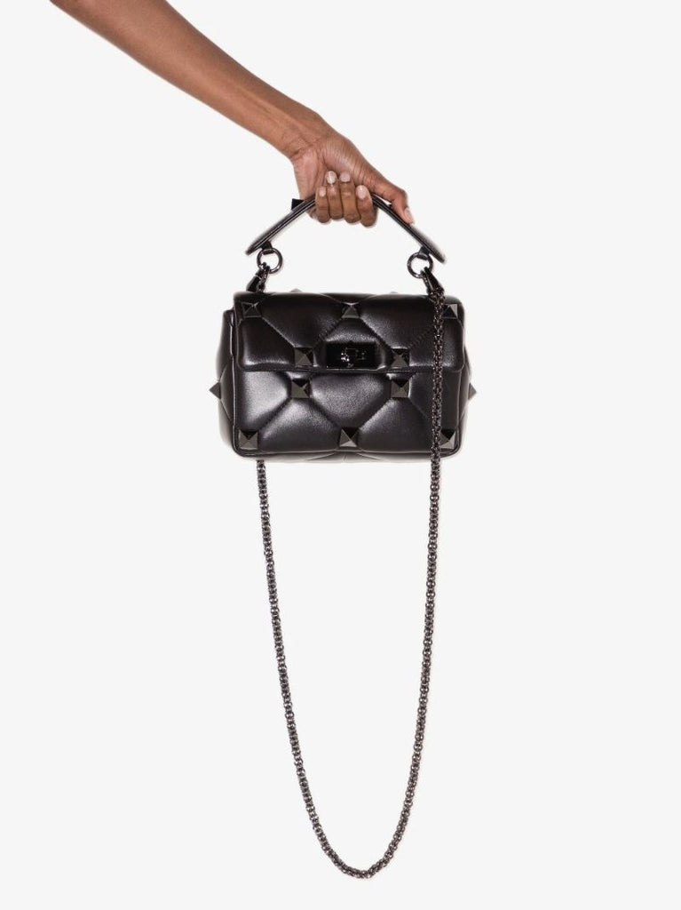 Black Roman Stud Medium Leather Shoulder Bag