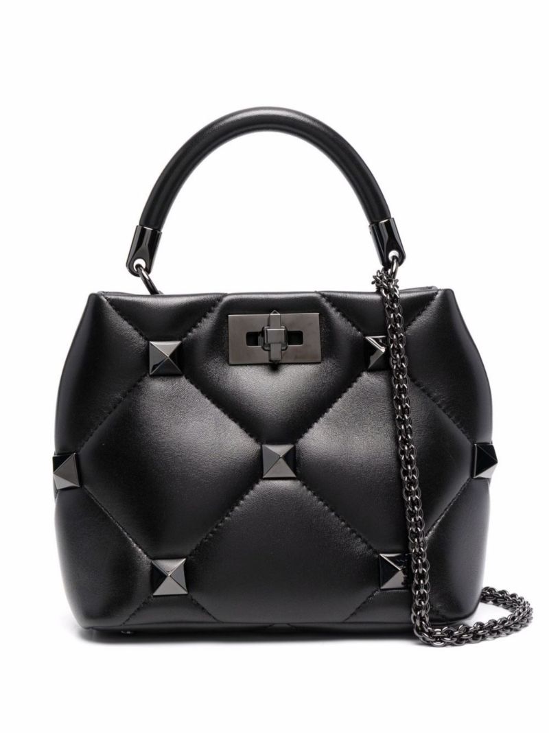 Black Roman Stud Small Leather Top Handle Bag