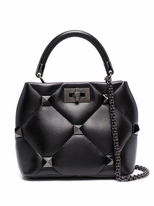 Black Roman Stud Small Leather Top Handle Bag