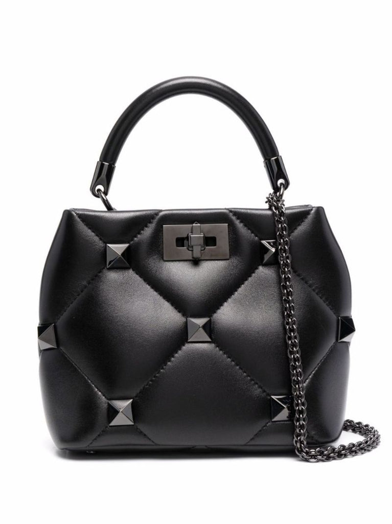 Black Roman Stud Small Leather Top Handle Bag