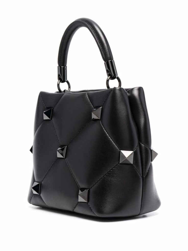 Black Roman Stud Small Leather Top Handle Bag