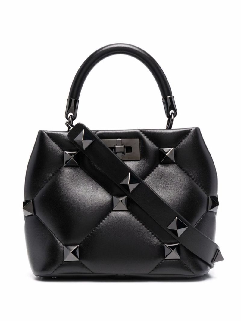 Black Roman Stud Small Leather Top Handle Bag