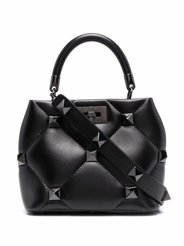 Black Roman Stud Small Leather Top Handle Bag