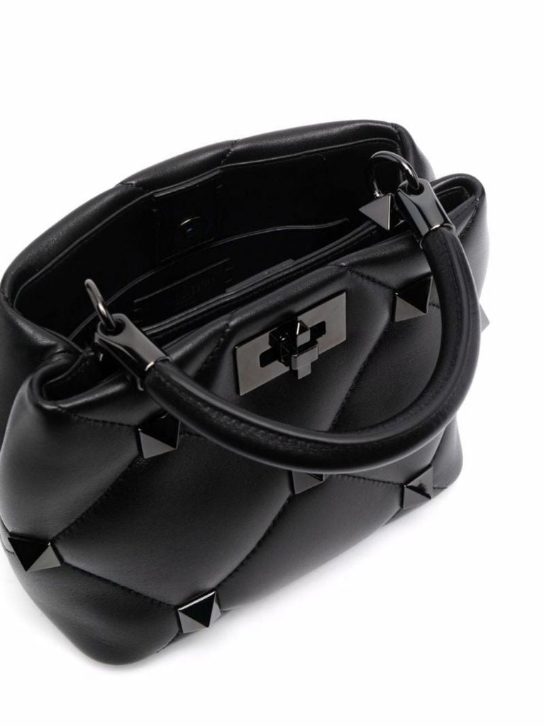 Black Roman Stud Small Leather Top Handle Bag