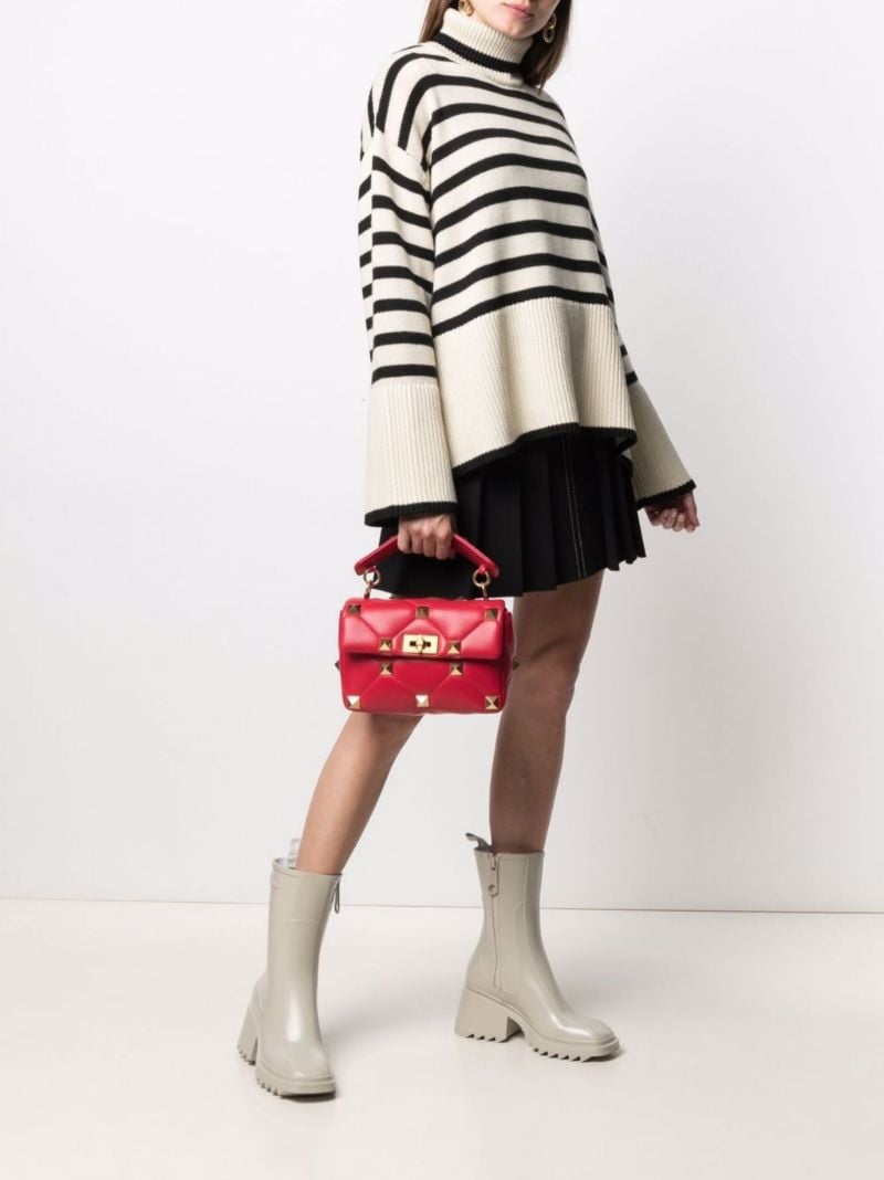 Red Roman Stud Medium Leather Shoulder Bag