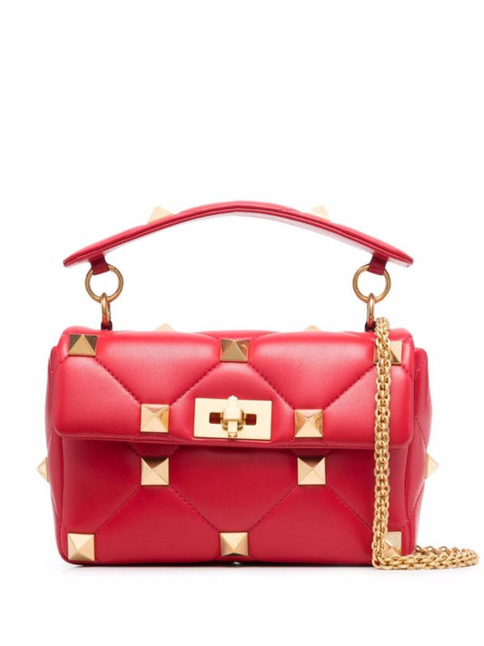 Red Roman Stud Medium Leather Shoulder Bag