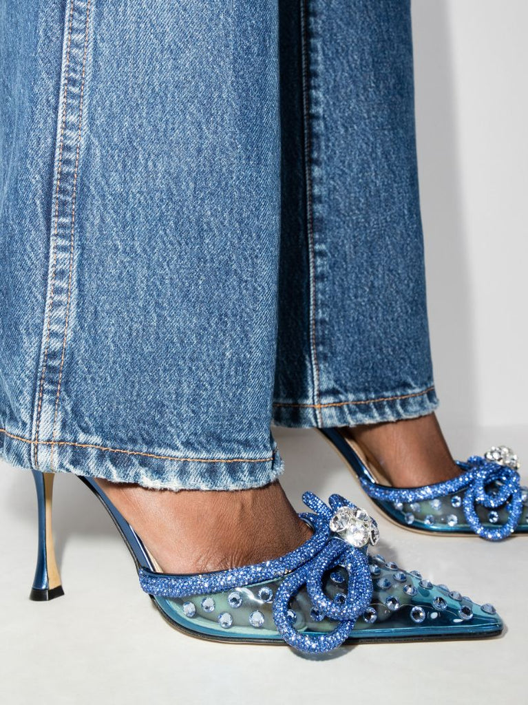 Blue Double Bow 100 Crystal Pvc Mules