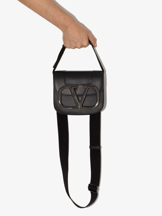 Black Vlogo Leather Messenger Bag
