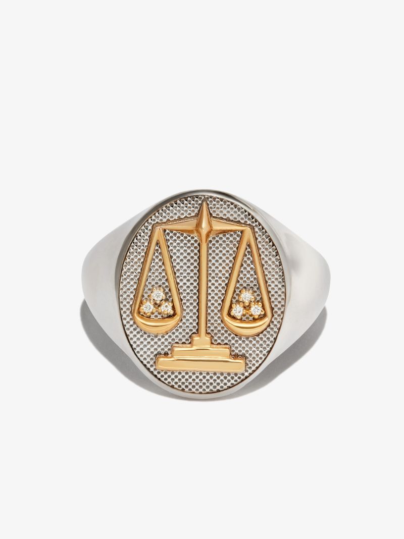 18k White and Yellow Gold Libra Diamond Signet Ring