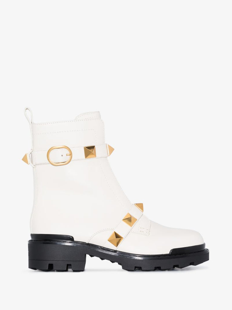 White Roman Stud Leather Boots