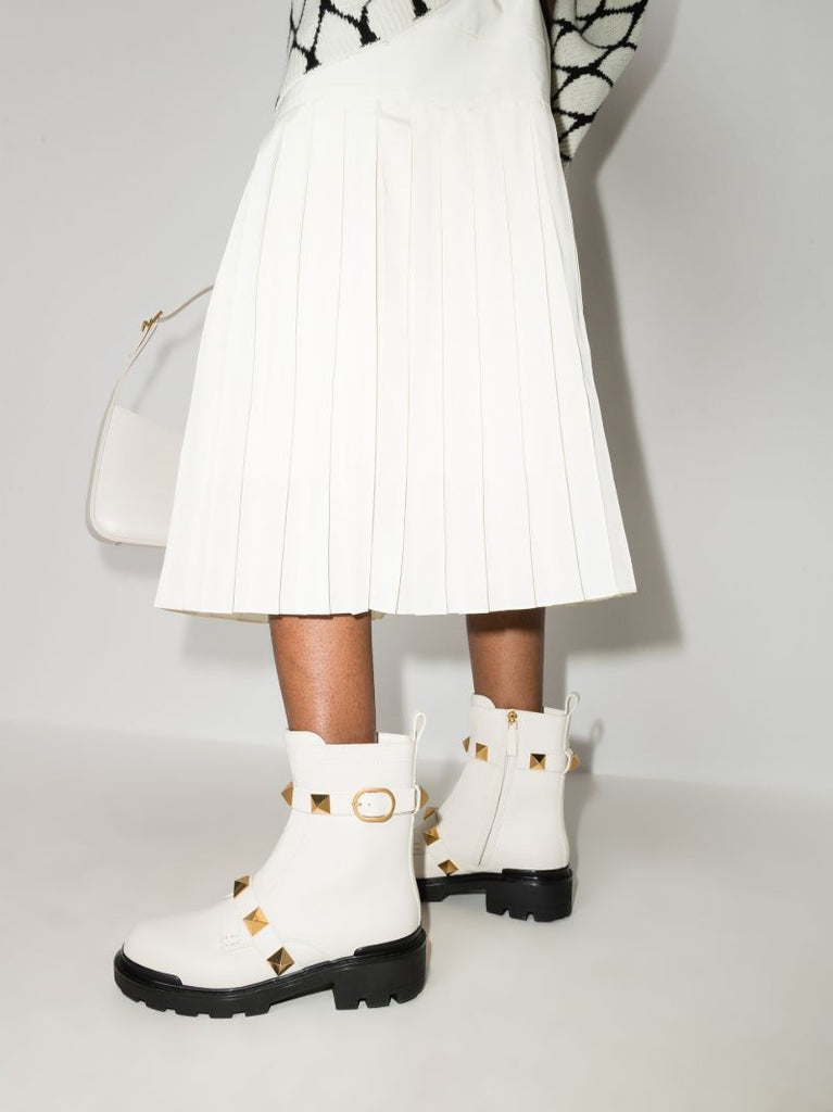 White Roman Stud Leather Boots
